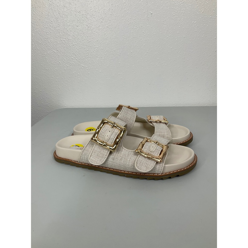 Jason Wu Womens Cream Linen‎ Double Buckle Slide Sandals Gold Bamboo Detail 9